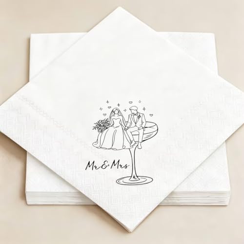 Whaline 50Pcs Wedding Cocktail Napkins Black Groom and Bride Paper Napkins Mr. & Mrs. Disposable Beverage Napkin for Wedding Bridal Shower Engagement Party Supplies