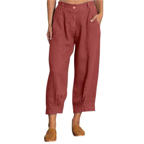 Linen Capri Pants for Women Casual Loose High Waisted Wide Leg Crop Pants Lightweight Trousers with Pockets