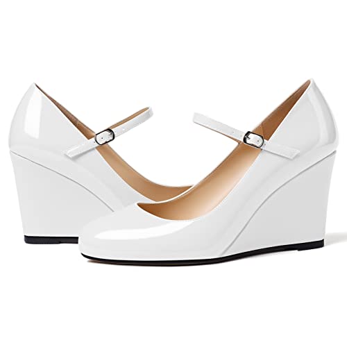 Soireelady Women Mary Jane Wedges Round Toe High Heel Pumps Adjustable Buckle Wedge Heels Pantent Leather Classic High Heels Elegant Dress Shoes for Party, Wedding, and Evening 3.15Inch4