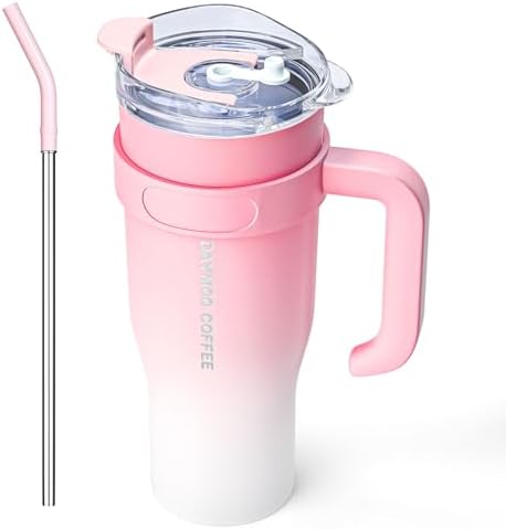DAYMOO 42oz tumbler with handle and straw lid, Leak-proof Travel Coffee Mug, Stainless Steel Insulated Cup for hot and cold Beverages, Gifts for Women Men, Pink White