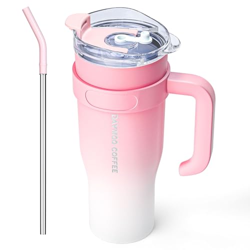 DAYMOO 42oz tumbler with handle and straw lid, Leak-proof Travel Coffee Mug, Stainless Steel Insulated Cup for hot and cold Beverages, Gifts for Women Men, Pink White
