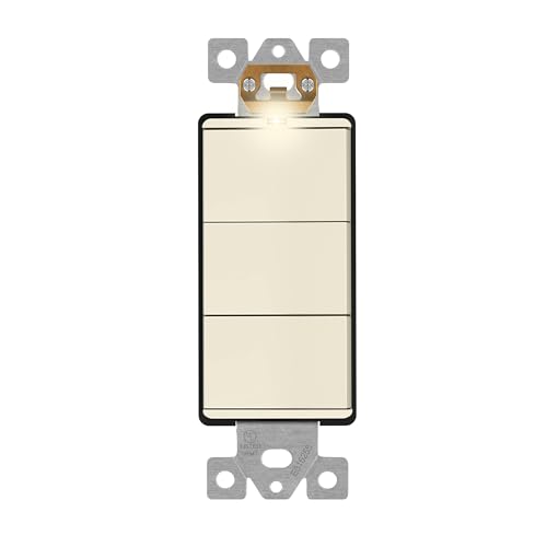 Image of LIDER Minimalist Design Lighted Triple Switch, Combination Frameless Decorator Switch with Locator Light, Ground Terminal, Single Pole, 15A 120-277V, UL Listed, Thermoplastic, Matte Light Almond