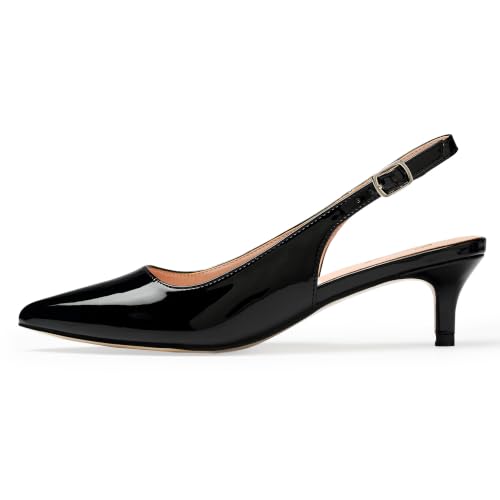 GENSHUO Women's Low Kitten Heel Slingback Ankle Strap Pump Pointed Toe Comfortable Formal Party Wedding Dress Shoes Patent Leather Black 7