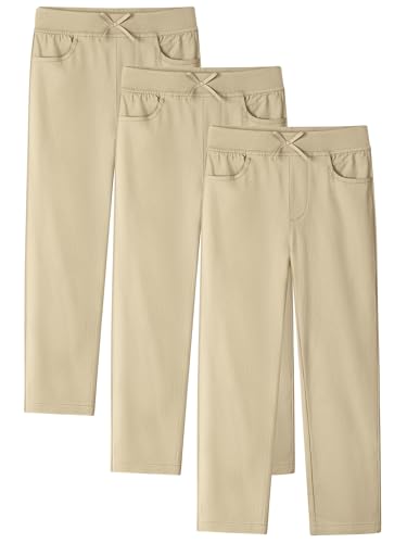 Resinta 3 Pack Girls Uniform Pants, Slim Straight School Uniform Pants for Girls with Ribbed Waistband & 4 Pockets, 4-14Y