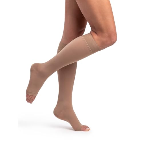 Image of Sigvaris Dynaven 972 20-30 Open Toe Knee High Compression Stockings w /Grip Top Light Beige LS