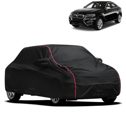 Image of Waterproof Car Cover for BMW X6M | All-Weather Protection, Dustproof & UV Resistant | Triple Stitched Mirror Pockets, Windproof Buckle Strap with Elastic Hem, Black-Red Piping
