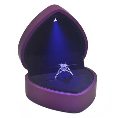 Eveynsh LED Lighted Ring Box, Heart Shaped Purple Engagement Ring Case