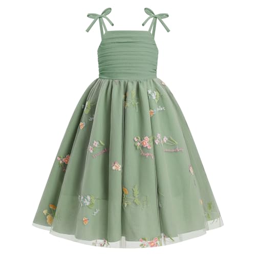 EULIMENE Flower Girl Dress Floral Embroidery Tulle Dress Spaghetti Strap Princess Dresses for Wedding Party Formal Birthday Pageant Dresses for Girls 5-14Y Green