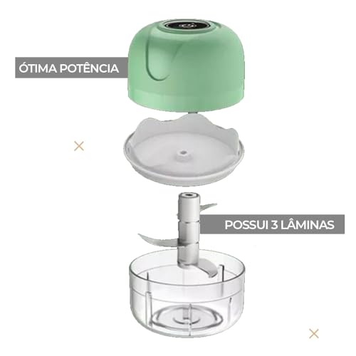 Mini Processador de Alimentos Triturador Elétrico, Moedor 3 Lâminas, Elétrico Bivolt Sem Fio Recarre