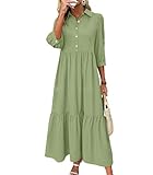 chouyatou Women's Casual Button Up Polo Collar Shirt Dress 3/4 Sleeve Ruffle Tiered Maxi Long Dress (Large, Green)