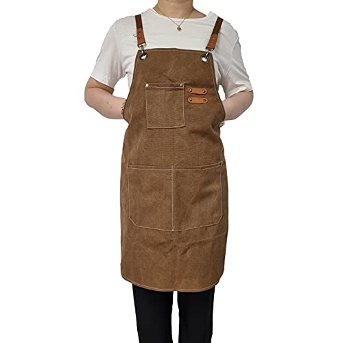 Uheim Premium Heavy Duty 100% Cotton Canvas Crossback Work Apron, With 3 Large Pockets For Women And Men,Adjustable Strap And Durable Apron,Bbq, Kitchen Cooking Baking Bib Chef Apron 7 Colors (Brown) #TOP6