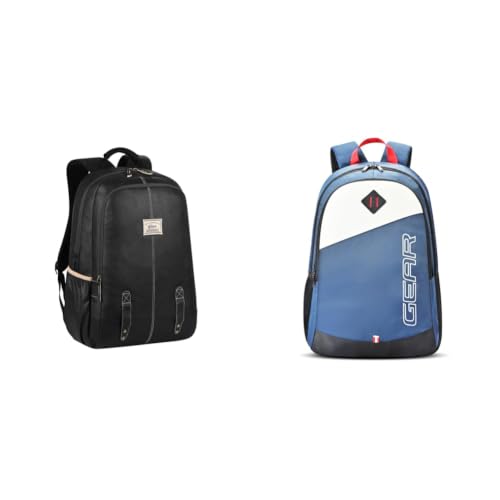 Image of Gear Classic Anti Theft Faux Leather 14 cms Black Laptop Backpack (LBPCLSLTH0101) + 14 cms Blue Casual Backpack (MDBKPECO50504)