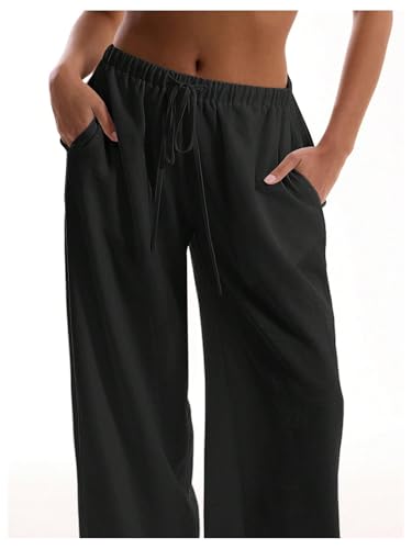 Image of RoseSeek Womens Linen Pants Wide Leg Loose Cotton Swimsuit Coverups Summer Pants Beach Vacation Outfits Black M
