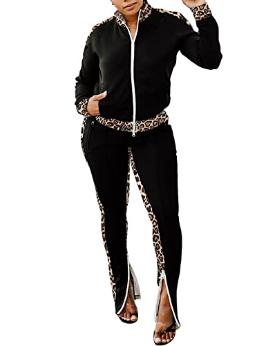 Jogging Suits For Women - Sweat Suits Set Long Sleeve Leopard Zipper Hoodies Sweatshirt + Wide Leg Slit Pants Tracksuit Set Black M #TOP1