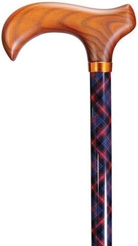 Miniatura 2 de Bastón para hombre, estilo Kilt a cuadros. Cuadros rojos y azules con eje de aluminio ajustable. Madera maciza, mango Derby. Guapo!