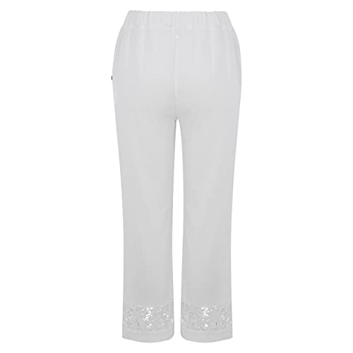Women's Casual Loose Lace Cotton and Line Embroidery Casual Soild Color Cropped Elastic Waist Trousers Womens3