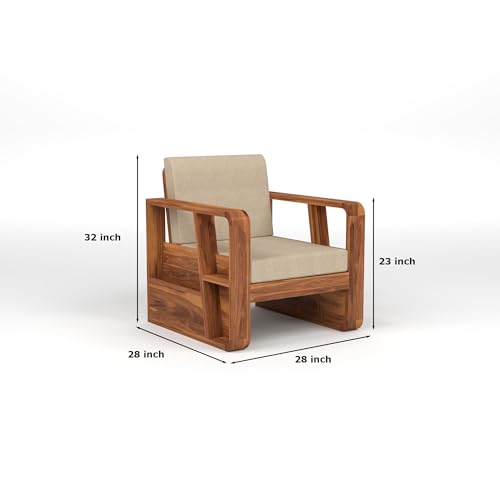 Image of Sheesham Wooden 1 Seater Sofa for Living Room | Solid Wood Sofa with Side Newspaper Holder | Rosewood Sofa Set for Home & Office | Lounge (Honey Finish, 1 Seater)