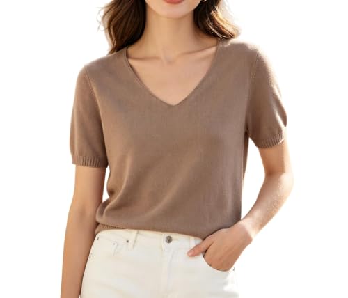 Image of DAIMIDY Women's Short Sleeve Sweater V Neck Summer Knit Tops