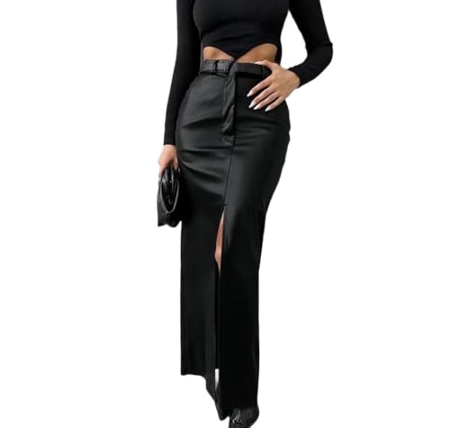 Womens High Waist Faux Leather Slim Fit Pencil Skirt with Side Slit Elegant Splicing Streetwear