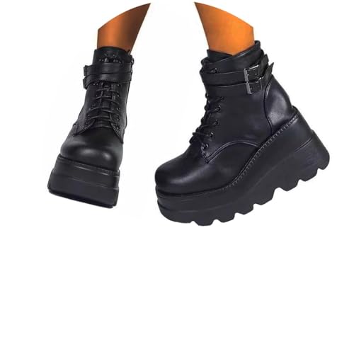 Agiyenna Bottines à Plateforme Gothique Punk pour Femme Bottes de Motard à Tige Courte à Lacets en Cuir PU avec Boucle Bottes D'hiver Unies ou Colorées Compensées...