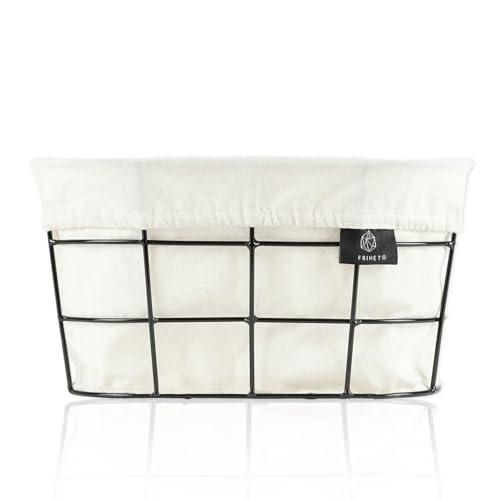 FRIHET 2-in-1 Brotkorb & Obstschale - Metall - waschbare Einlage aus 100% Baumwolle - oval - schwarz - Aufbewahrungskorb - 27 cm x 14 cm x 16 cm (LxHxB) (weiß, Rechteck)
