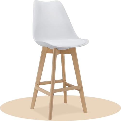 Dekohome Taburete Alto Cocina con Respaldo, Asiento Blando y Tapizado, Patas Altas Resistentes de Madera de Haya con Reposapiés, Sillas Nórdicas, Blanco, 1 Unidad