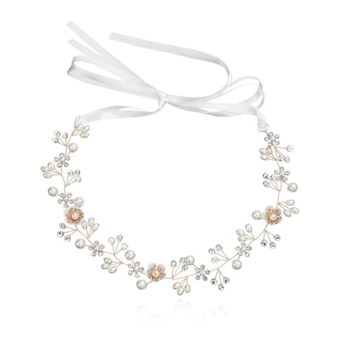 UEIOAVL Fasce moda donna, Cerchietto per capelli da sposa accessori per capelli con perle cerchietto per capelli con fiori di strass e streamer adatto per feste di matrimonio (oro)