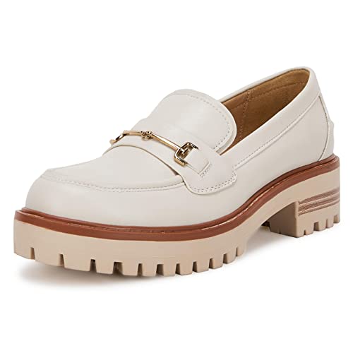 VETASTE Womens Lug Sole Platform Mid Chunky Heel Loafers Classic Round Toe Slip On Office Uniform Oxfords Shoes with Metal Chain