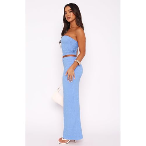 Image of Two Piece Dress Outfits for Women Sleeveless Tube Tops Bodycon Maxi Dress Summer Strapless Crop Top Sexy Suits Set