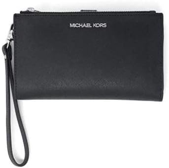 Michael Kors Jet Set Travel Double Zip Saffiano Leather Wristlet Wallet (Black Saffiano/Silver Hardware)