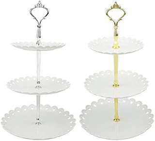Hetoco 3-Tier White Silver White Gold Plastic Dessert Stand Pastry Stand Cake Stand Cupcake Stand Holder Serving Platter for Party Wedding Home Decor 2 Sets