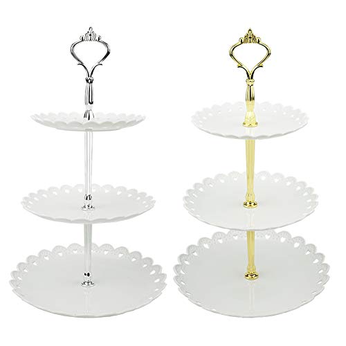 Hetoco Lot de 2 plateaux en plastique pour dessert, pâtisserie, gâteau, cupcakes - 3 étages - Blanc argenté et doré Cover