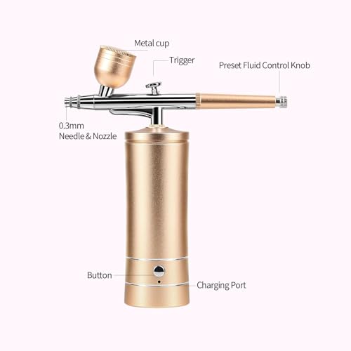 Airbrush Kit Air Brush Kit With Air Compressor Nail Charms Wireless Air Brush for Barber, Nail Art, Cake Decor, Makeup, Model Painting (Golden)