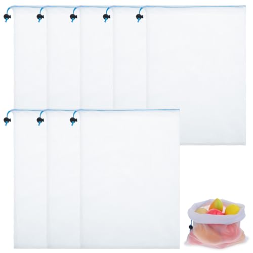 8Pcs Reusable Mesh Bags for Fruit and Vegetables, 43*30 cm Washable Produce Drawstring Mesh Bags - Large See Through for Refrigerator Storage and Salad