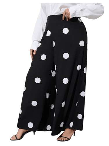 OYOANGLE Women's Plus Size Polka Dots Casual Wide Leg Palazzo Pants High Waist Long Pants Trousers3