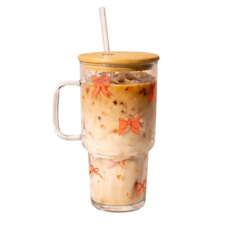 Image of Bow Glass Tumbler with Handle & Lid 1000ml | Iced Coffee Cup with Straw | Reusable Glass Mug for Cold & Hot Drinks Bow Design Iced Coffee Cup for Smoothies, Tea, Juice & Travel
