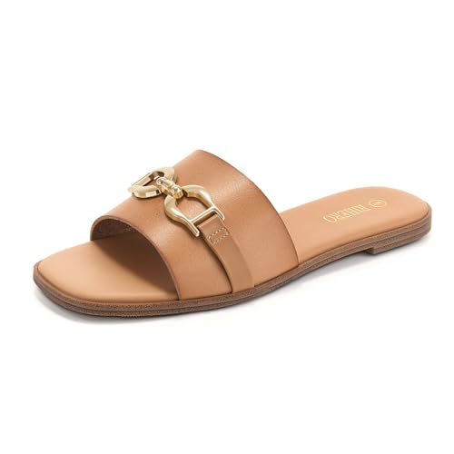 Rihero Slide Sandals Women Comfortable Flat Slides Dressy Summer Square Peep Toe Leather Wide Width Sandals Camel Size 10