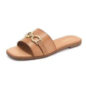 Rihero Women’s Flat Sandals Summer Comfortable Square Open Toe Slip On Leather Slide Sandals