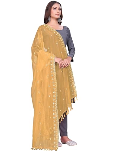 Image of KEMZA Organza Embroidered Dupatta with Mirror & Sequence Work, Tassel Lace Border, Floral Butti Design