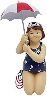 Quaytrader Cute Plump BEACH LADY Swimmer/Bather under Parasol - BATHROOM ORNAMENT/FIGURINE - Red, Blue & White - 20cm