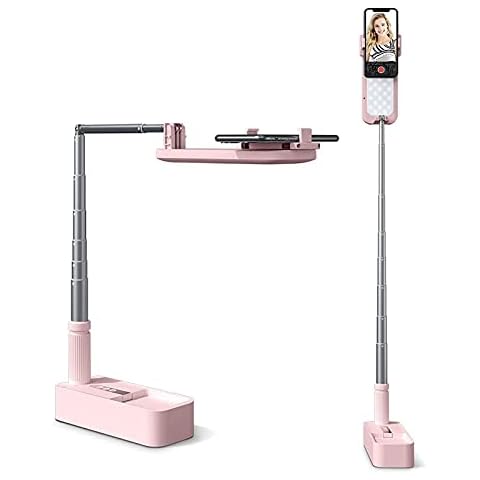 Extendable Selfie Stand 360° Rotation with Phone Holder, Rechargeable Wireless Foldable 7 Brightness LED Light for Live Streaming/YouTube/Tiktok/Video Recording/Photography/Reading (pink) Cover