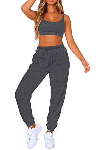 Selowin Women's 2 Piece Tracksuit Workout Outfits High Waist Sweatpants And Stretch Sports Bra Activewear Set Dark Grey Xl #TOP1