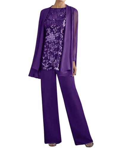 Image of 3 Pieces Mother of The Bride Dresses Pant Suits - Lace Chiffon Long Sleeve Grandmother Dresses with Jacket