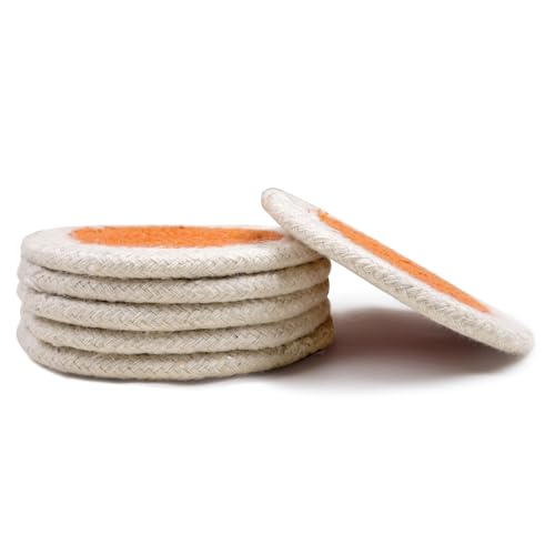 Image of Encasa XO Drink Coasters Set of 6 | Coral & Off White with Round (9 cm) | Handcrafted Ribbed Cotton | Absorbent & Heat-Resistant | Use for Tea, Coffee Table & Desk
