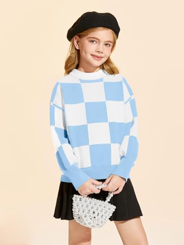 Image of Girls Sweaters Kids Fashion Plaid Mock Neck Pullover Sweater Tops 5-14 Years
