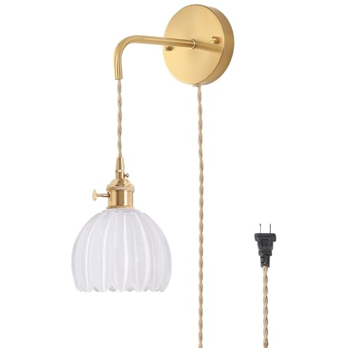 Image of Shenmoyl Vintage Wall Sconce with White Tulip Glass Shade Hanging Wall Sconce with 4.9FT Plug in Cord, Modern Wall Lamp Fixtures Decor for Bedside Bedroom Indoor Doorway