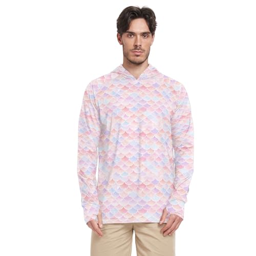 Fish Scales Pink Blue Mens Hoodie Sun Protection Long Sleeve UPF 50 Mens Sun Shirt Active Wear UV Rash Guard with Hood2