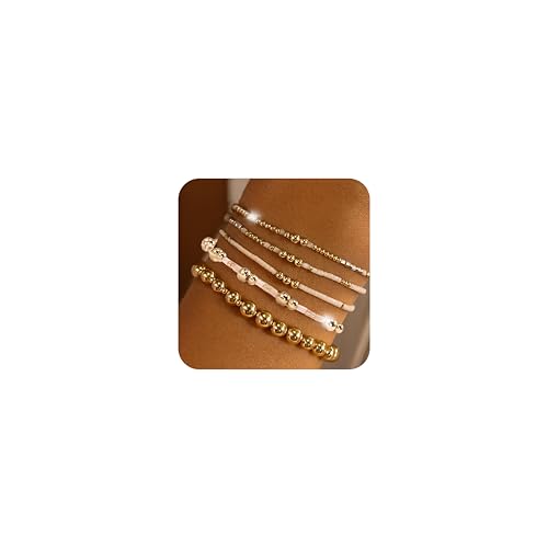 SHINUS BOHO 14K Gold Plated Beaded Stack Bracelets Sets for Women，Stackable Trendy Waterproof Small Seed Ball Beads Pink Stretch Link Bracelet Fashion Accessories Jewelry Gifts