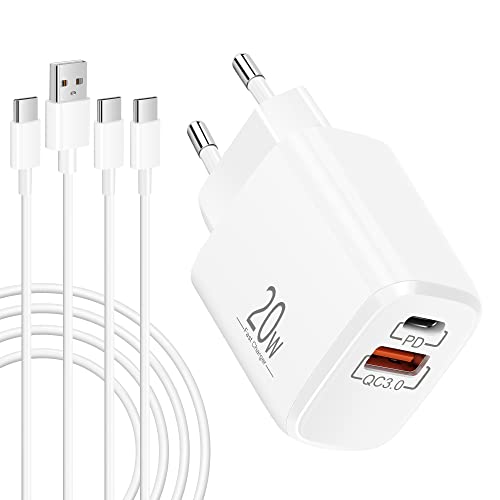 LUOSIKE Cargador USB C de 2 Puertos de 20W y 2X Cables Tipo C de 2m, Adaptador de Corriente con PD/QC, Enchufe de Carga Rápida, Compatible con Switch y Móviles de Samsung, Xiaomi, Google, etc Cover
