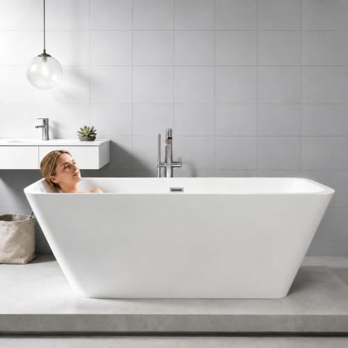 Image of 59 inch Acrylic Freestanding Bathtub with Chrome Drain Kit, Contemporary Square Soaking Tub with Overflow and Flexible PVC Drain Pipe, Double-Walled Insulation, cUPC Certified, Glossy White Finish